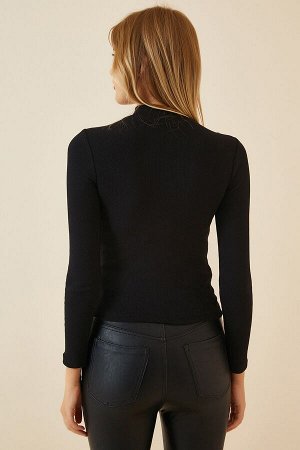 Женская черная трикотажная блузка в рубчик с вырезами GT00065