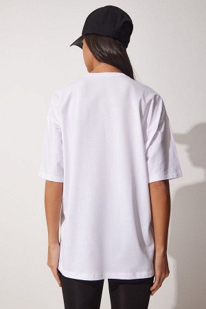 Женская белая футболка оверсайз с круглым вырезом QU00006