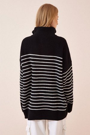 Женский черный длинный свитер оверсайз в полоску на молнии с воротником-стойкой FN02995