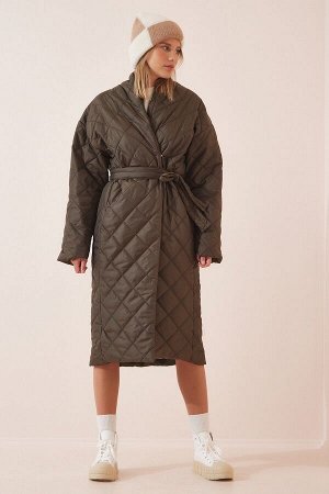 Женское стеганое пальто оверсайз цвета хаки с шалевым воротником HM00053