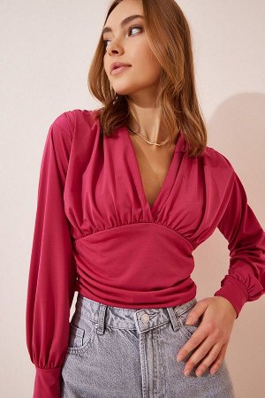 Женская темно-розовая укороченная блузка песочного цвета с глубоким v-образным вырезом BF00050
