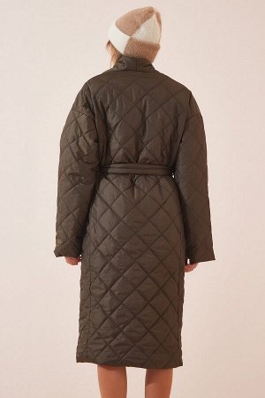 Женское стеганое пальто оверсайз цвета хаки с шалевым воротником HM00053