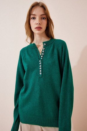 Женский темно-зеленый вязаный свитер с воротником на пуговицах LX00040