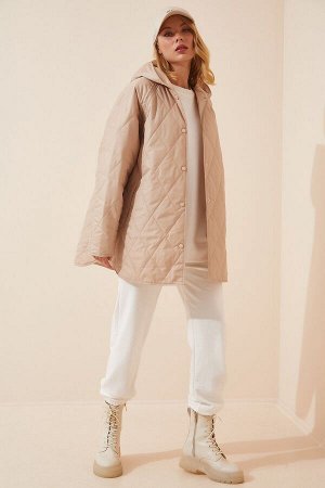 Женское стеганое пальто оверсайз кремового цвета с капюшоном FN02905