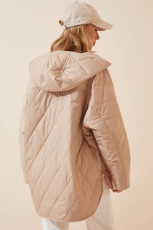 Женское стеганое пальто оверсайз кремового цвета с капюшоном FN02905