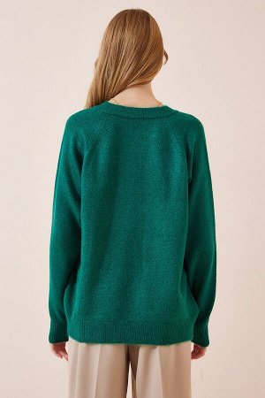 Женский темно-зеленый вязаный свитер с воротником на пуговицах LX00040