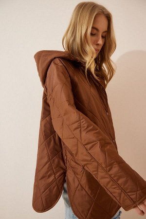 Женское темно-коричневое стеганое пальто большого размера с капюшоном FN02905