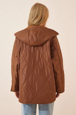 Женское темно-коричневое стеганое пальто большого размера с капюшоном FN02905