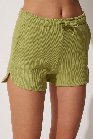 Женские яркие зеленые вязаные спортивные шорты на шнурке UB00059