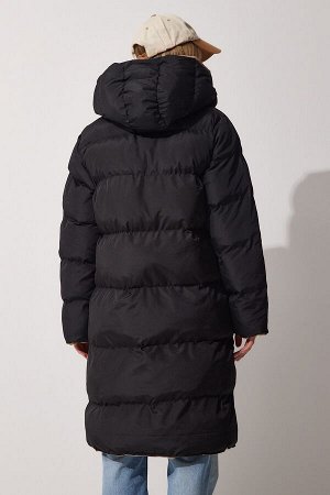 Женское черное темно-кремовое двустороннее длинное пуховое пальто с капюшоном RV00084