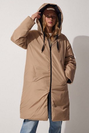 Женское черное темно-кремовое двустороннее длинное пуховое пальто с капюшоном RV00084
