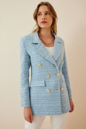 Женский твидовый пиджак небесно-голубого цвета на пуговицах WF00004
