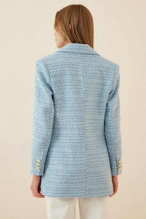 Женский твидовый пиджак небесно-голубого цвета на пуговицах WF00004