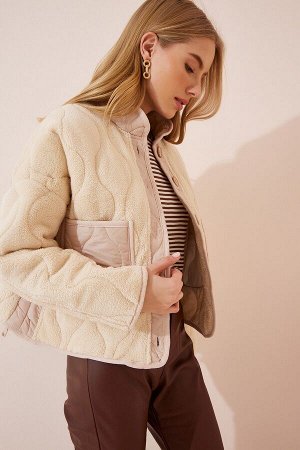 Женское кремовое плюшевое пальто с карманами FN02977
