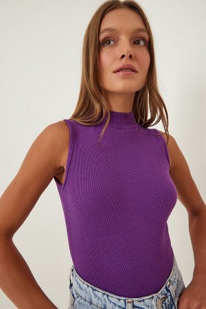 Женская хлопковая трикотажная блузка сливового цвета с высоким воротником GT00004