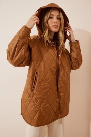 Женское светло-коричневое стеганое пальто большого размера с капюшоном FN02905