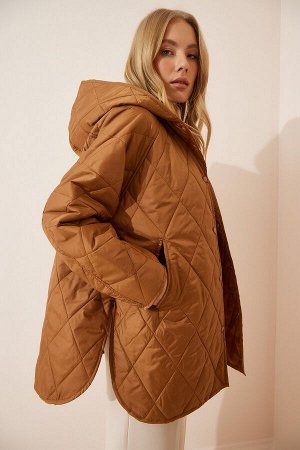 Женское светло-коричневое стеганое пальто большого размера с капюшоном FN02905