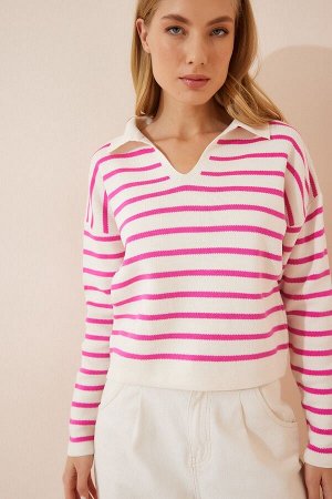 Женский укороченный трикотажный свитер с вырезом поло розового цвета US00293