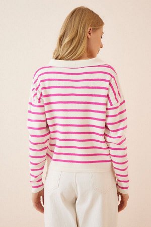 Женский укороченный трикотажный свитер с вырезом поло розового цвета US00293