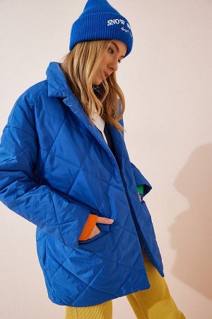 Женское синее стеганое пальто с шалевым воротником FN03000
