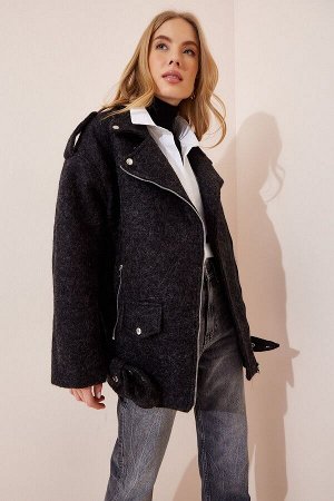 Женское толстое байкерское пальто оверсайз из шерсти антрацитового цвета FN02978