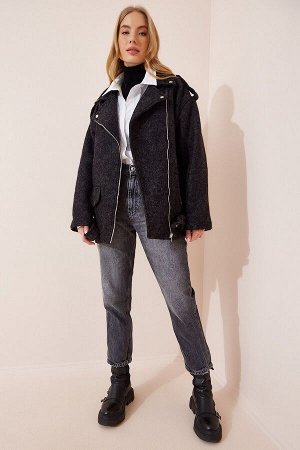 Женское толстое байкерское пальто оверсайз из шерсти антрацитового цвета FN02978