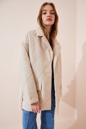 Женское кремовое стеганое пальто с шалевым воротником FN03000