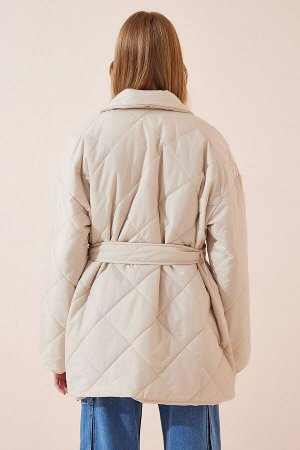 Женское кремовое стеганое пальто с шалевым воротником FN03000