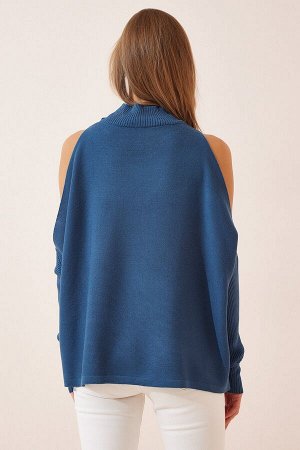 Женский вязаный свитер оверсайз синего цвета с вырезами AS00015