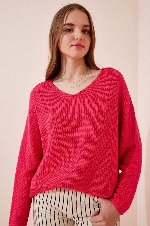 Женский темно-розовый вязаный свитер с v-образным вырезом Selanik Oversize ZA00059