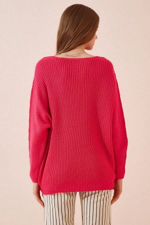 Женский темно-розовый вязаный свитер с v-образным вырезом Selanik Oversize ZA00059