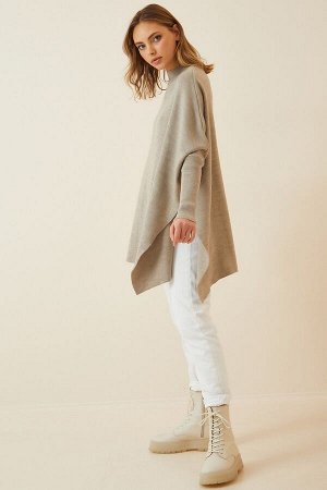 Женский бежевый свитер-пончо оверсайз с боковыми разрезами YY00005