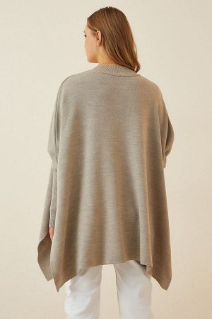 Женский бежевый свитер-пончо оверсайз с боковыми разрезами YY00005