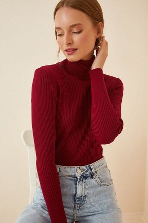 Женский бордовый вязаный свитер из лайкры с высоким воротником DD01007