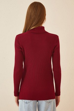 Женский бордово-красный свитер из лайкры с воротником на шнурке DD01007
