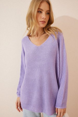 Женский сиреневый свитер с v-образным вырезом Салоники вязаный трикотаж оверсайз ZA00059