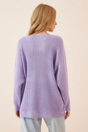 Женский сиреневый свитер с v-образным вырезом Салоники вязаный трикотаж оверсайз ZA00059