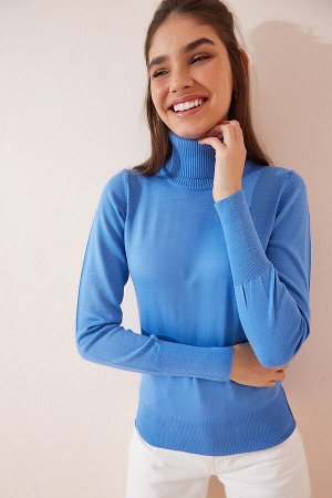 Женский голубой легкий трикотажный свитер с высоким воротником и объемными рукавами DD01126