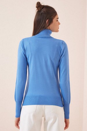 Женский голубой легкий трикотажный свитер с высоким воротником и объемными рукавами DD01126