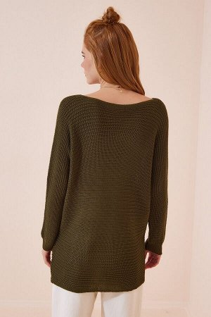 Женский длинный вязаный свитер цвета хаки с вырезом лодочкой ZA00067