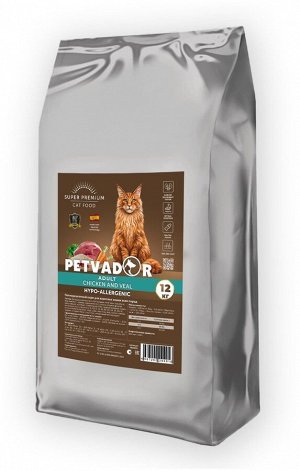 PETVADOR (SUPER-PREM) Полнорационный корм для кошек, курица с телятиной, 12 кг
