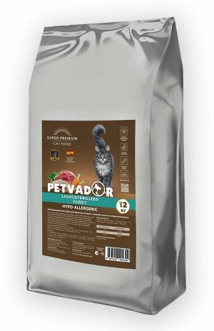 PETVADOR (SUPER-PREM) Полнорационный  корм для стерилизованных котов и кошек с лишним весом, кролик, 12 кг