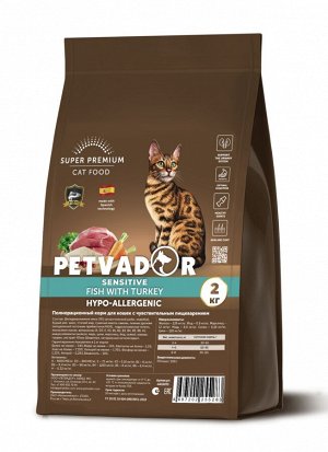 PETVADOR (SUPER-PREM) Полнорационный корм для кошек с чувствительным пищеварением, рыба с индейкой, 12 кг
