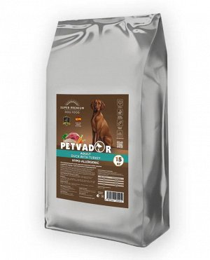 PETVADOR (SUPER-PREM) Полнорационный корм для собак всех пород с чувствительным пищеварением, утка с индейкой, 15 кг