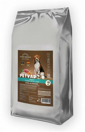 PETVADOR (SUPER-PREM) Полнорационный корм для собак всех пород с чувствительным  пищеварением, индейка с ягнёнок, 15 кг