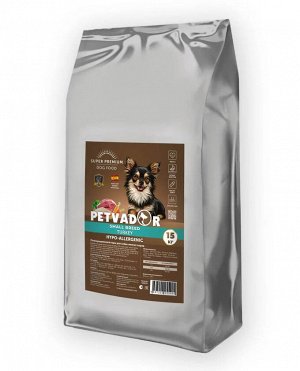 PETVADOR (SUPER-PREM) Полнорационный корм для собак мелких пород, индейка, 15 кг