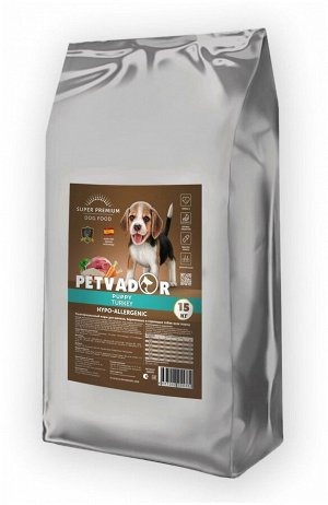 PETVADOR (SUPER-PREM) Полнорационный корм для щенков, беременных и кормящих собак всех пород, индейка, 15 кг