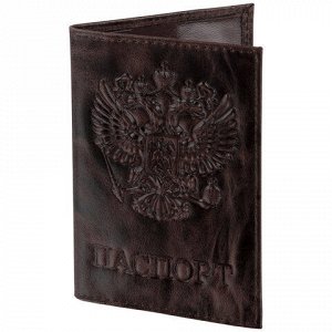 Обложка для паспорта натуральная кожа пулап, 3D герб + тиснение "ПАСПОРТ", темно-коричневая, BRAUBERG, 238194