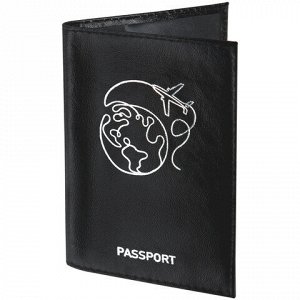 Обложка для паспорта натуральная кожа "наплак", тиснение серебром "Airplane", черная, BRAUBERG, 238212