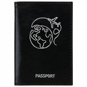 Обложка для паспорта натуральная кожа "наплак", тиснение серебром "Airplane", черная, BRAUBERG, 238212